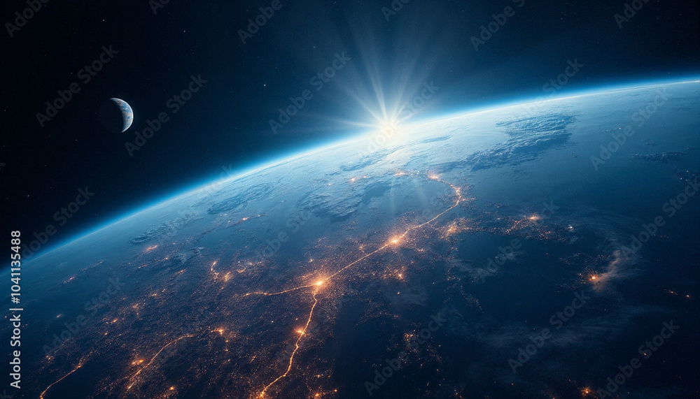 Obraz premium A nighttime perspective of Earth from space, focusing on the vibrant city lights twinkling across the surface. The atmosphere has a soft glow, and stars shine brightly in the background