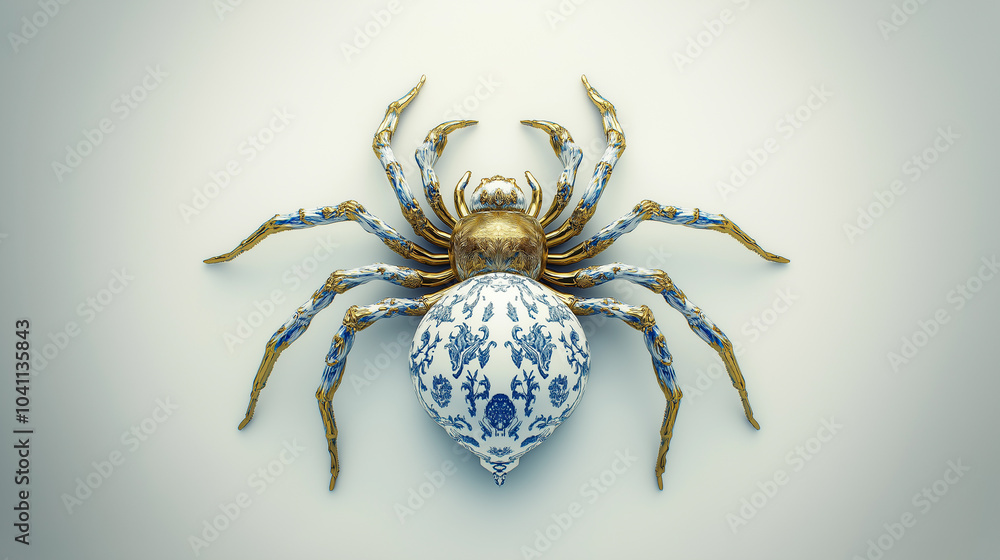 Obraz premium A spider made of white and blue gothic porcelain, rococo style, shiny gold