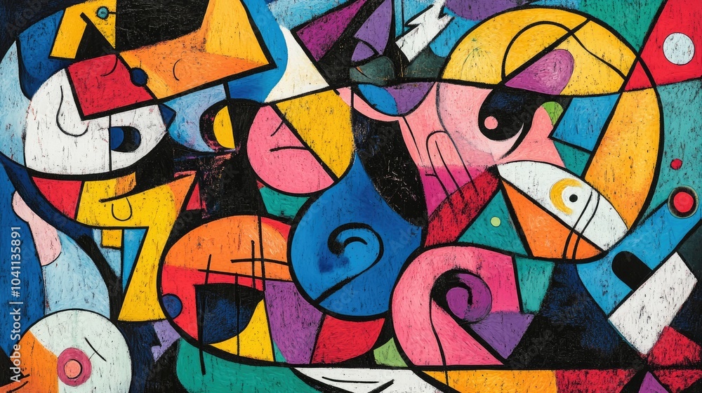 Line art illustration of an abstract painting featuring a chaotic arrangement of vibrant multicolored shapes and figures delineated by black lines Line art illustration of an abstract painting featuring a chaotic arrangement of vibrant multicolored shapes and figures delineated by black lines