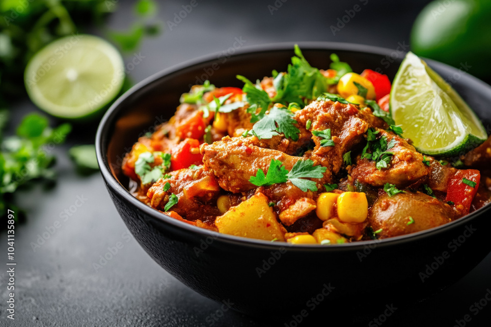 A Bowl Of Cazuela, A Hearty Chilean Stew Made With Chicken, Potatoes, Corn, And Vegetables, Beautifully Presented With Fresh Herbs And Lime Wedges A Bowl Of Cazuela, A Hearty Chilean Stew Made With Chicken, Potatoes, Corn, And Vegetables, Beautifully Presented With Fresh Herbs And Lime Wedges