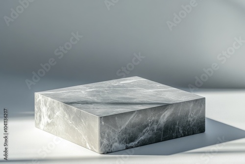 Marble podium. Gray pastel background for cosmetic product. Empty flat showcase display case. Mockup pedestal trendy grey backdrop. Floor platform smooth stage, palm leaf. Natural ad show scene space