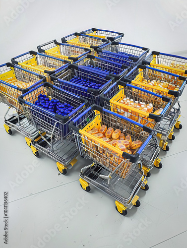 a lot of supermarket carts