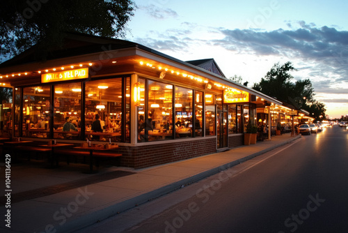 A Twilight Photograph Of A Fast Food Restaurant With Glowing Neon Lights And A Busy Drive-Thru Lane, Capturing The Hustle And Bustle Of Evening Diners