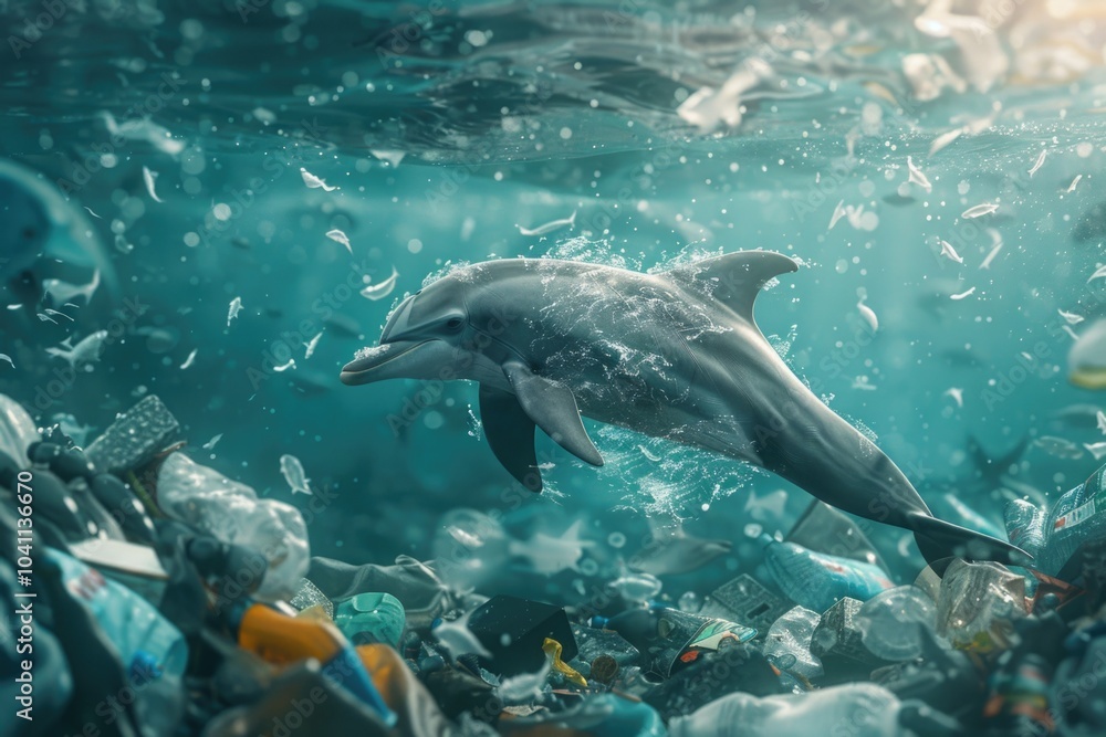 A dolphin swims through a sea of trash, highlighting the impact of pollution on marine life A dolphin swims through a sea of trash, highlighting the impact of pollution on marine life