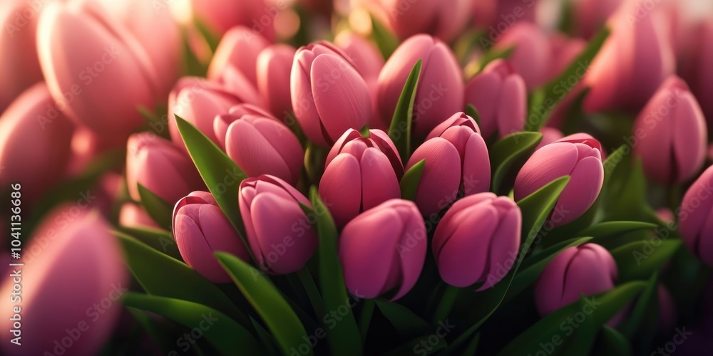 Fototapeta premium Pink tulips arranged on a white backdrop, featuring a bouquet of vibrant pink blooms complemented by lush green leaves, Pink tulip bouquet on white background with green leaves