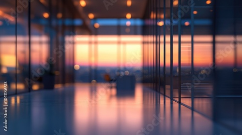 Fototapeta Naklejka Na Ścianę i Meble -  3D rendering of a beautifully abstract blurred office interior at night featuring a defocused working space
