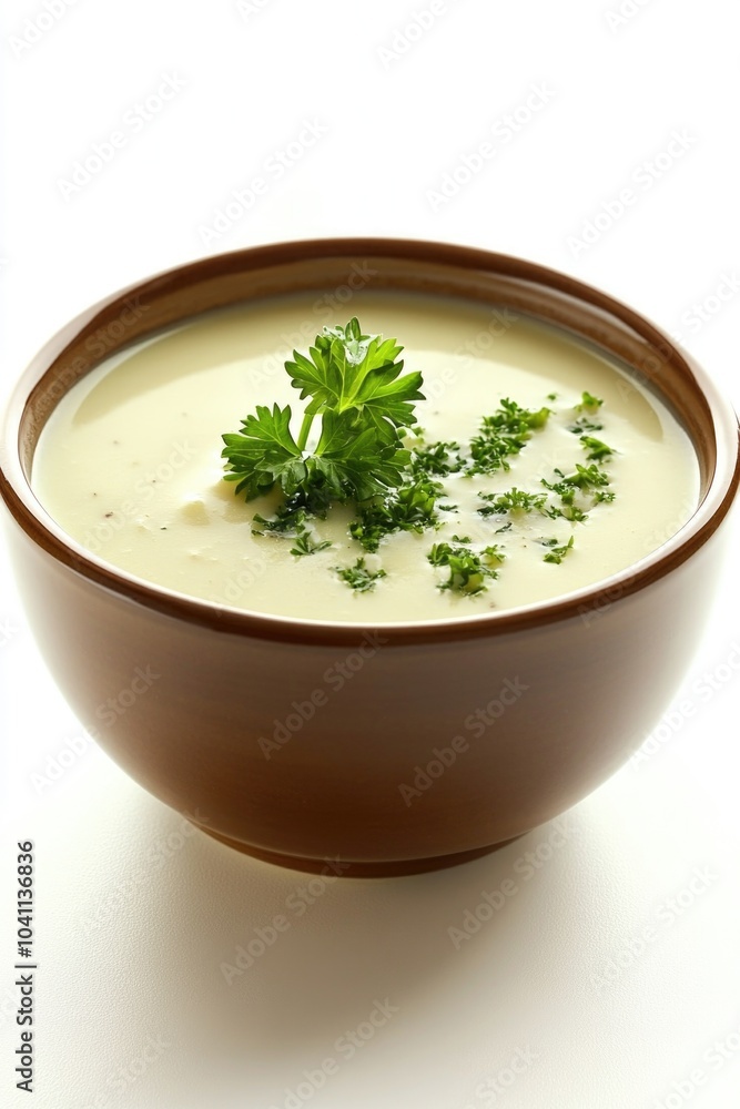 A single serving of warm soup with a fresh sprig of parsley on top, perfect for a cozy dinner or lunch A single serving of warm soup with a fresh sprig of parsley on top, perfect for a cozy dinner or lunch
