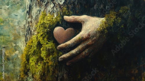 Oil painting depicting a heart shaped hand on a mossy tree symbolizing a deep connection with nature Close up of a hand resting on a tree trunk in a natural setting High quality image photo