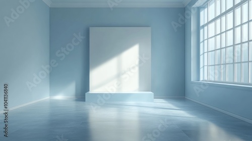 3D rendering of an empty room showcasing a blank stand with a blue pastel color theme for interior design