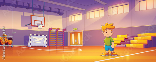 Cheerful boy standing in school gym ready for sports. Cartoon vector illustration of spacious exercise room with stacked basketball balls and hoop, soccer goal gate, benches and activity equipment.