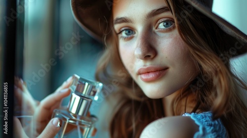 A woman holds a bottle of perfume and wears a stylish hat, perfect for beauty or lifestyle shots