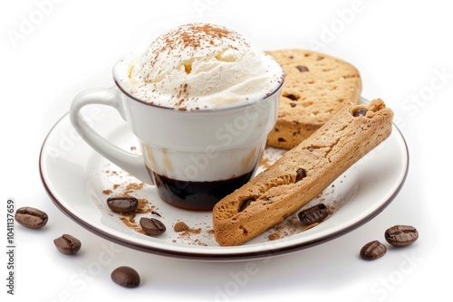 A cup of coffee and some cookies on a plate, perfect for a cozy break