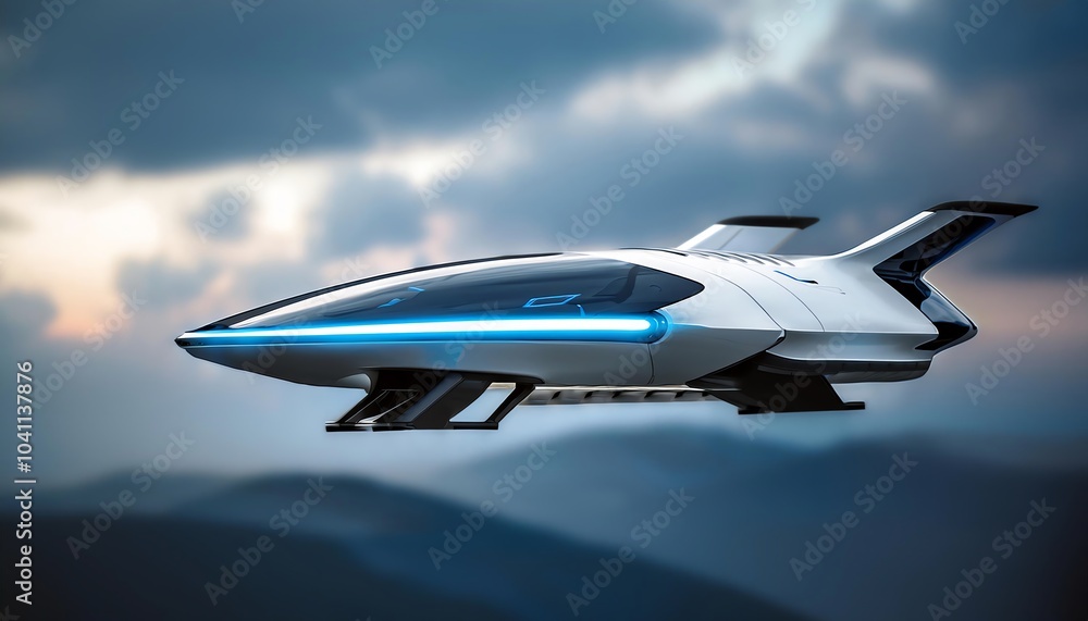 Obraz premium A futuristic spaceship glides silently through a cloudy sky, showcasing sleek lines and illuminated accents, embodying advanced technology and visionary design.