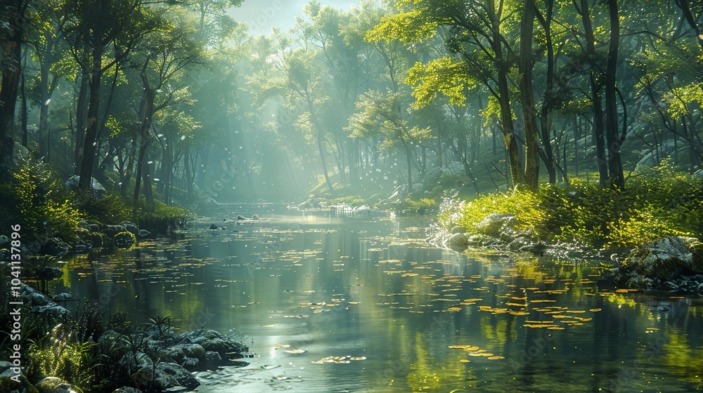 Fototapeta premium Serene Forest River Landscape - Tranquil Nature Scenery