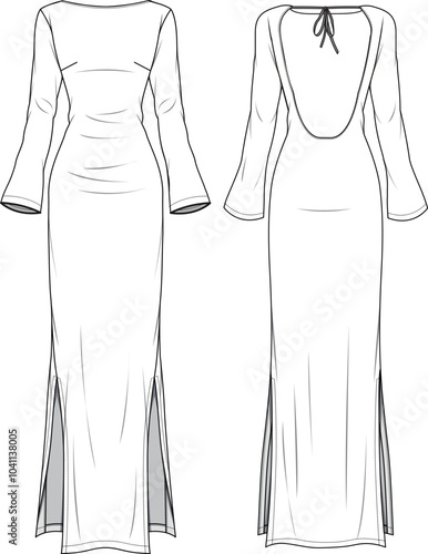 Open back maxi dress with long sleeve flat sketch