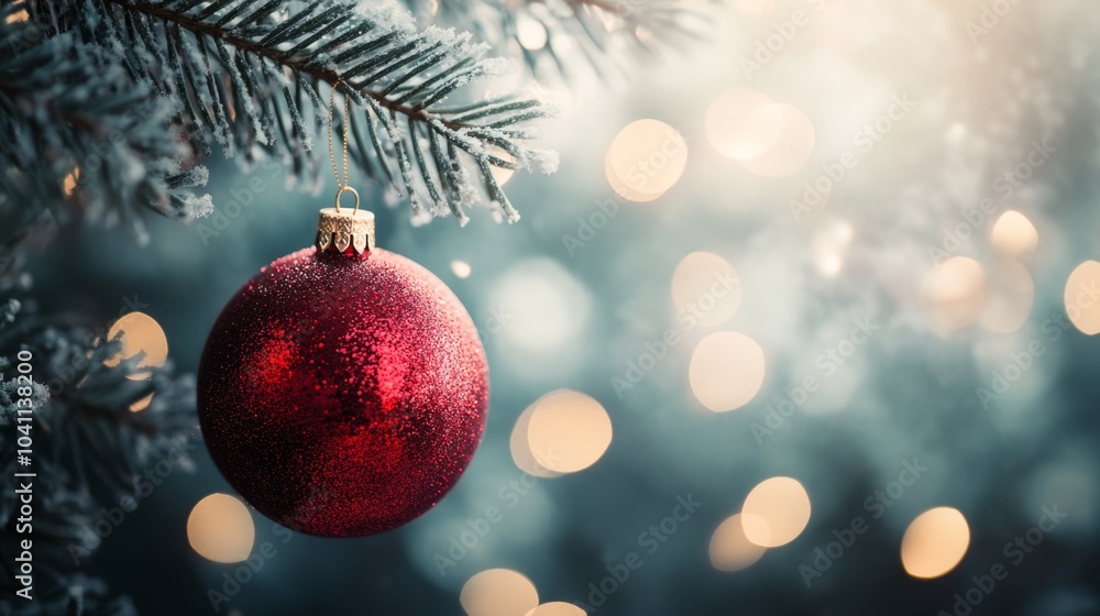 Shimmering Red Ornament Hanging on Tree Branch Shimmering Red Ornament Hanging on Tree Branch