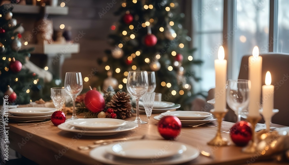 A festive Christmas dinner table setting with plates, glasses, and holiday decorations in front of a blurred Christmas tree with twinkling lights. A festive Christmas dinner table setting with plates, glasses, and holiday decorations in front of a blurred Christmas tree with twinkling lights.