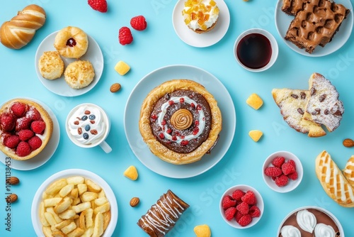 A variety of colorful desserts and pastries arranged on a blue surface, perfect for bakery or cafe advertising photo