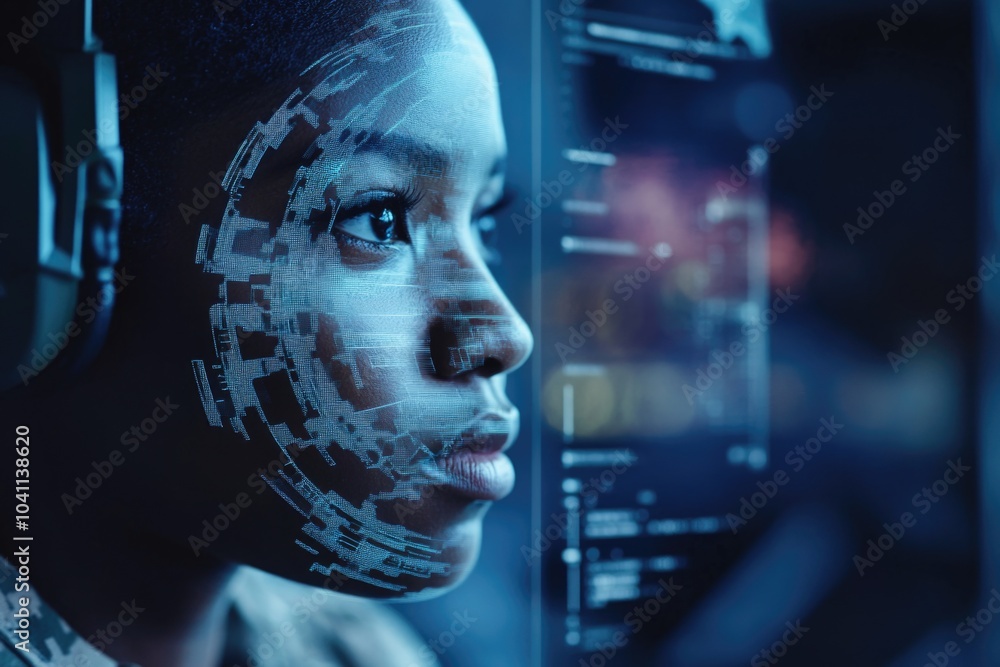 A woman wearing futuristic headphones, likely focused on her audio experience A woman wearing futuristic headphones, likely focused on her audio experience
