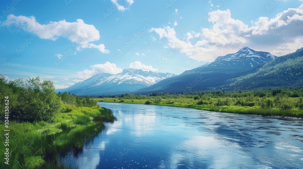 Vibrant spring or summer landscape featuring lush green forests, flowing rivers, majestic mountains, snow-capped peaks, and a clear blue sky with fluffy white clouds.
Vibrant spring or summer landscape featuring lush green forests, flowing rivers, majestic mountains, snow-capped peaks, and a clear blue sky with fluffy white clouds.
