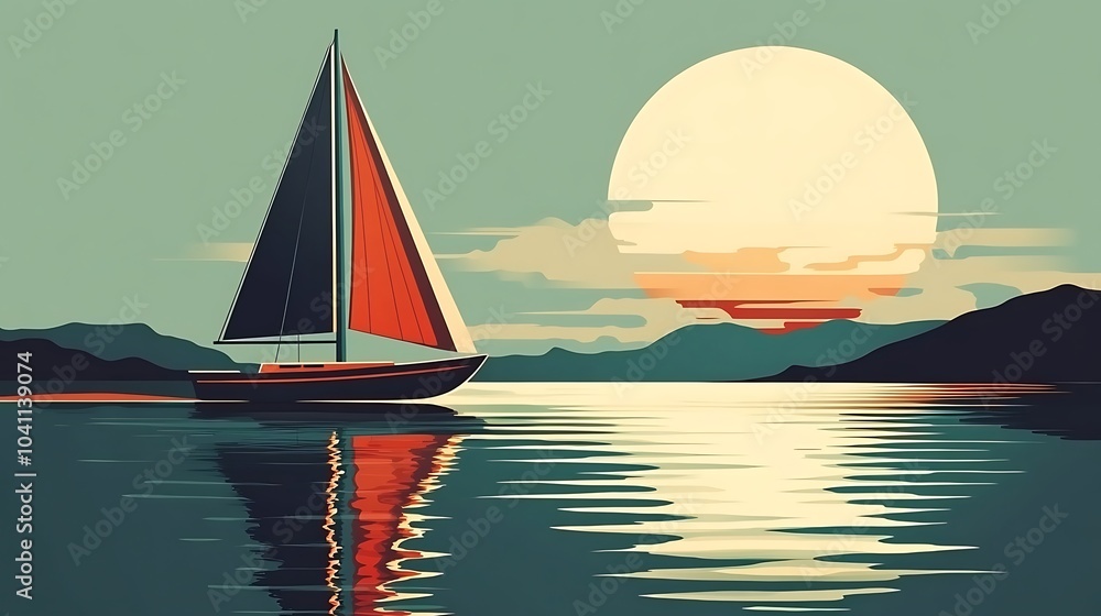 Fototapeta premium Flat-style sailboat on a calm lake, smooth water reflecting the sky, simple geometric design with clean lines, soft gradients in the sky, peaceful and quiet setting, hd quality.
