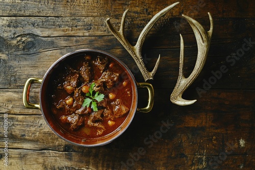 A bowl of hearty stew served with deer antlers as garnish, perfect for a rustic dinner or outdoor themed setting photo