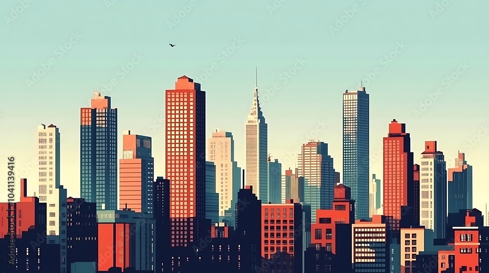 Obraz premium Flat-style skyline of a modern city, tall sleek buildings with geometric designs, clear blue sky, warm sunlight, minimalist shapes, glass windows reflecting the light, calm urban atmosphere,