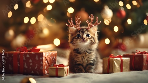 Cute Kitten with Reindeer Antlers During Holiday Season