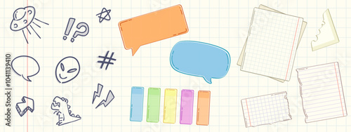 School memo notes and doodle drawings on notebook page background. Contemporary vector cartoon illustration of color stickers, speech bubbles, blank papers for schedule or message, ufo and alien icons