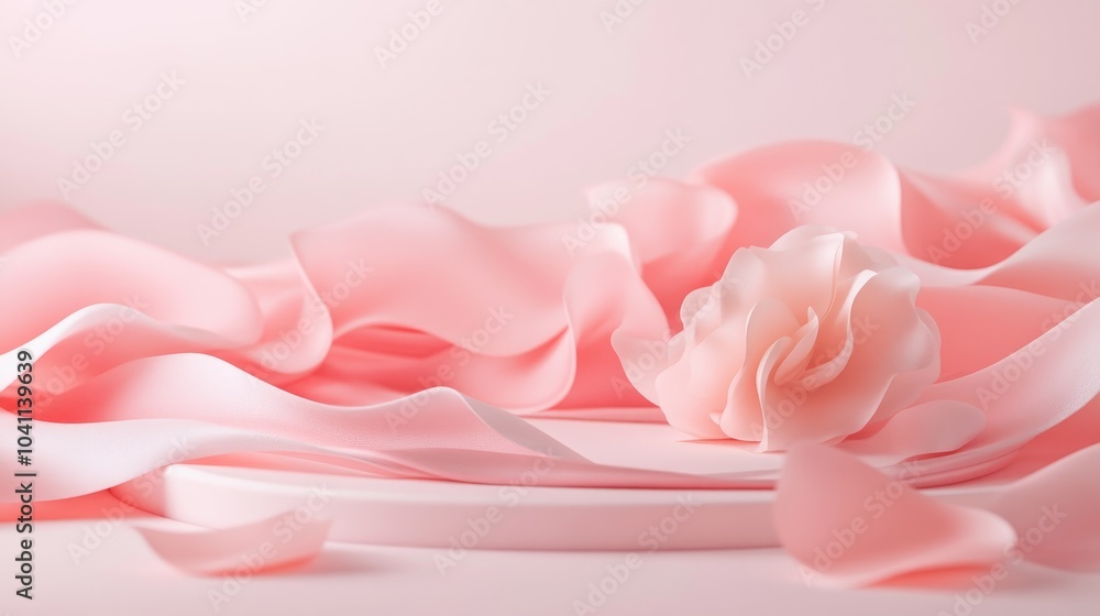 Pastel pink podium featuring abstract silk waves 3D render for advertising Display stand for cosmetic and body care products Elegant platform adorned with flower petals Pastel pink podium featuring abstract silk waves 3D render for advertising Display stand for cosmetic and body care products Elegant platform adorned with flower petals