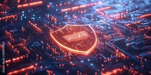 A futuristic background showing a circuit board with shield symbols. This represents the idea of protecting data and online privacy. It symbolizes the innovative technology used for modern security.