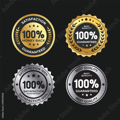 100% satisfaction guaranteed badge collection. Gold & Silver 100% money back stamp, icon, vector illustration
