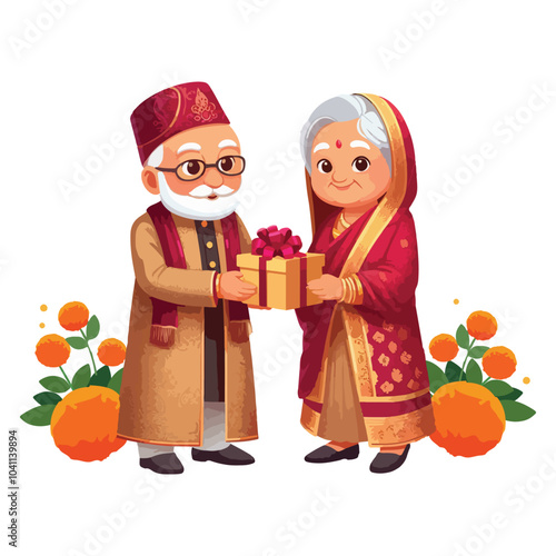 An elderly Indian couple in a festive sherwani and a gharara. Exchanging gifts cartoon. Celebration festival Diwali Deepavali
