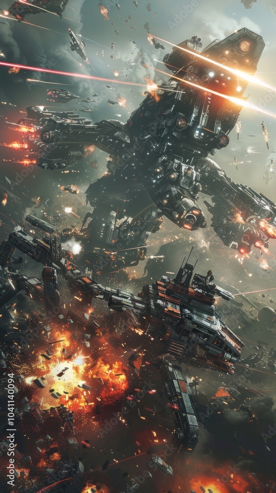 Robots fight with monsters in destroyed space, background explosions due to battle, realistic effects HD images Robots fight with monsters in destroyed space, background explosions due to battle, realistic effects HD images