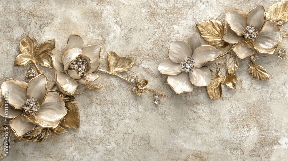 Obraz premium Gold flower brooch wallpaper mural featuring jewelry diamond flowers magnolia floral designs and an abstract textured background in beige 3D style