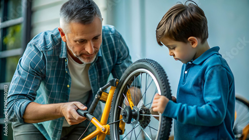 Father Son Bike Repair Candid Shot, Natural Light Emphasizes Teamwork, Multi-Generational Learning, Hands-On Activities in Driveway � Mother Nature Photography Stock Concept