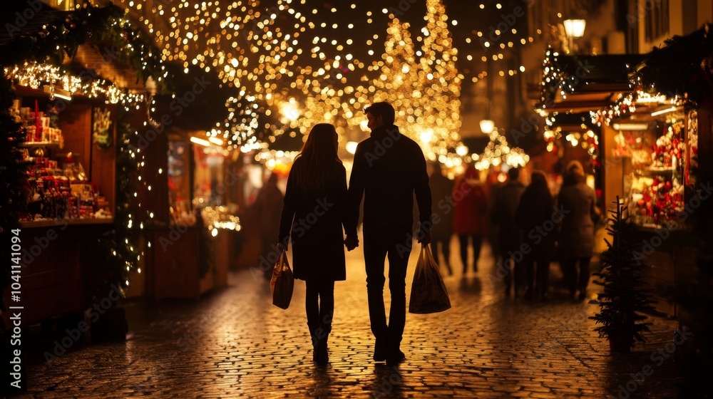 Romantic Couple Walking Hand in Hand Through Festive Market Romantic Couple Walking Hand in Hand Through Festive Market