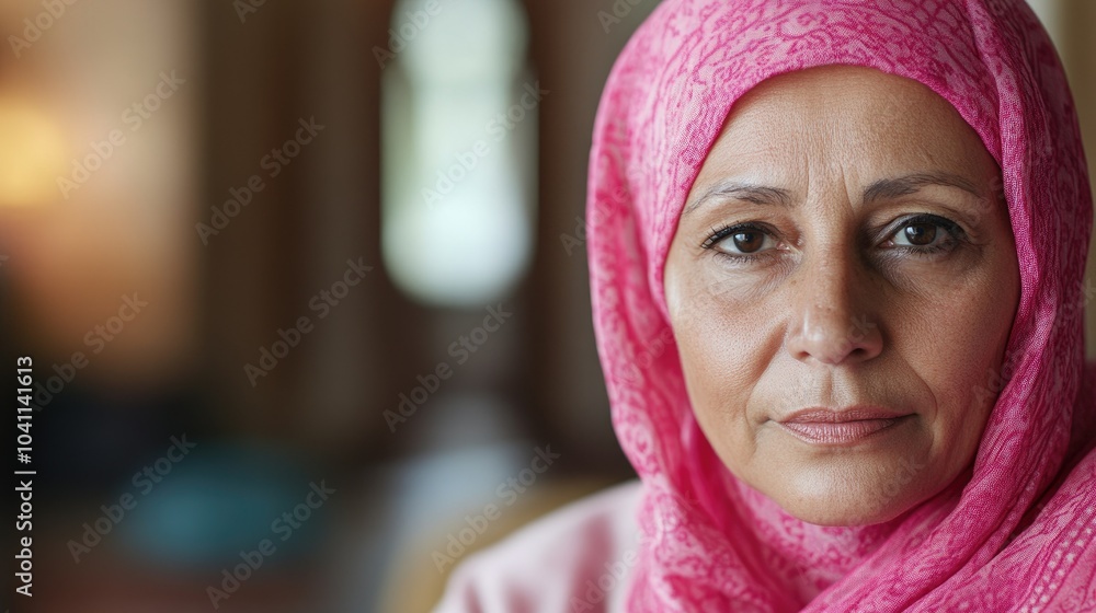A older woman with cancer, wearing a pink scarf, looks directly into the camera Breast Cancer support A older woman with cancer, wearing a pink scarf, looks directly into the camera Breast Cancer support