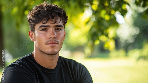 Young Man in Black Shirt Sitting Outdoors