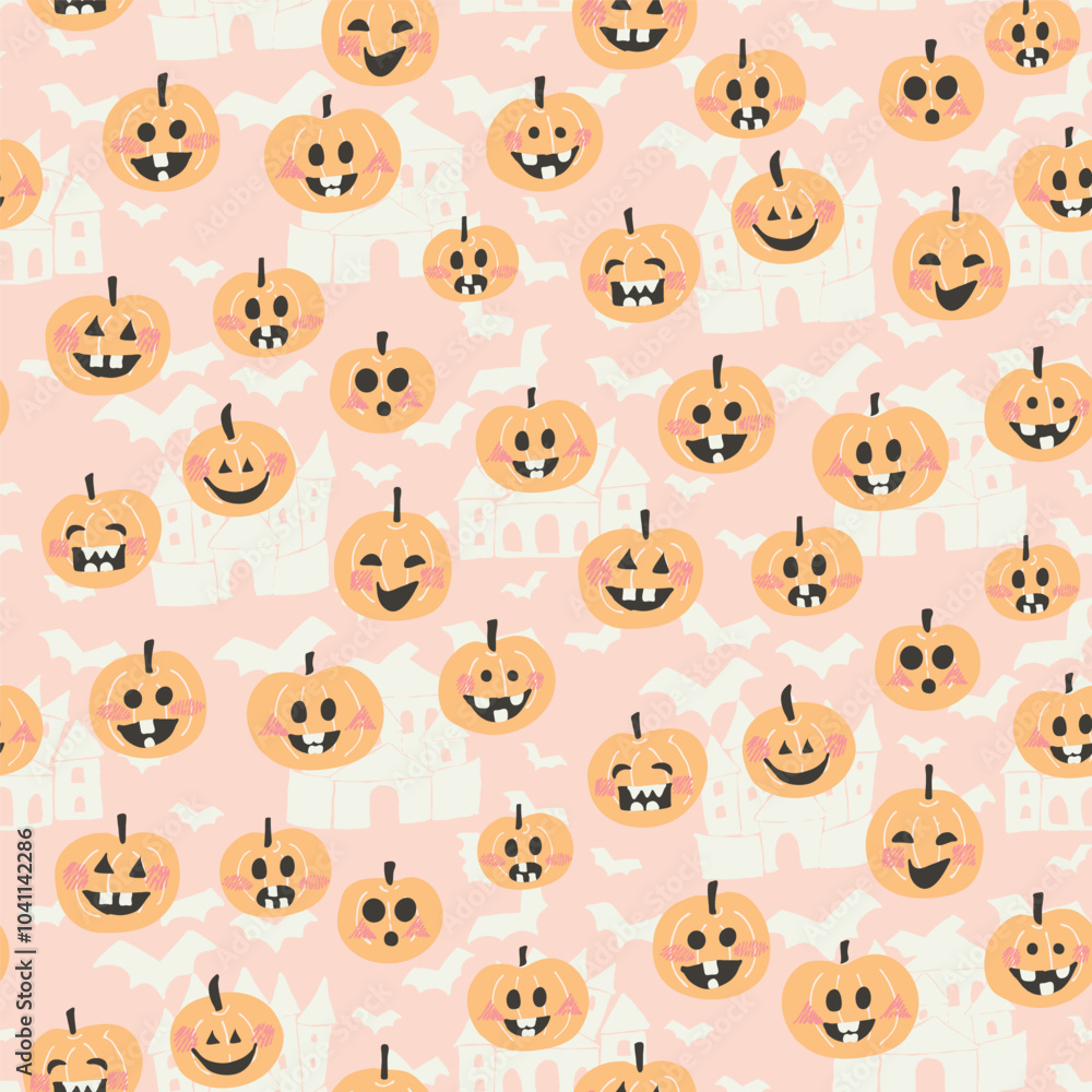 Cute and happy jack-o'-lanterns illustrations with castles and bat shadows in the background in orange and black on light pink and off white. A seamless vector pattern. Great for home decor, fabric. Cute and happy jack-o'-lanterns illustrations with castles and bat shadows in the background in orange and black on light pink and off white. A seamless vector pattern. Great for home decor, fabric.