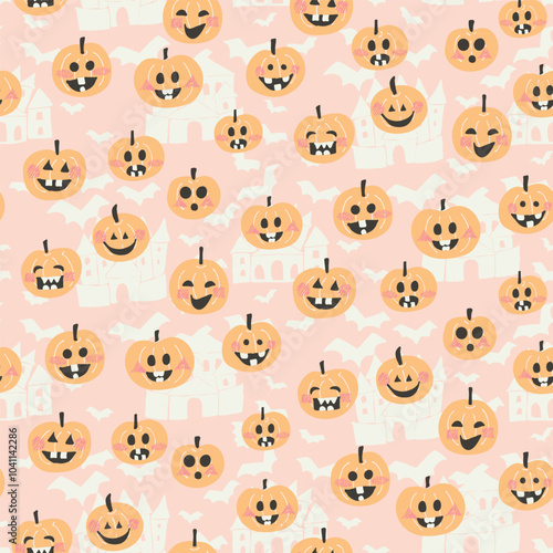 Cute and happy jack-o'-lanterns illustrations with castles and bat shadows in the background in orange and black on light pink and off white. A seamless vector pattern. Great for home decor, fabric.