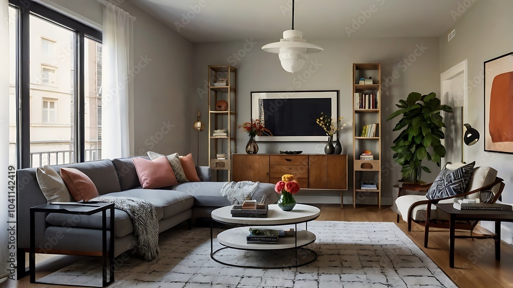 Stylish Small Apartment Living Room with Space-Saving Furniture, a Compact Sofa, a Sleek Media Console, and an Eye-Catching Gallery Wall of Framed Prints to Enhance Your Urban Living Experience
Stylish Small Apartment Living Room with Space-Saving Furniture, a Compact Sofa, a Sleek Media Console, and an Eye-Catching Gallery Wall of Framed Prints to Enhance Your Urban Living Experience
