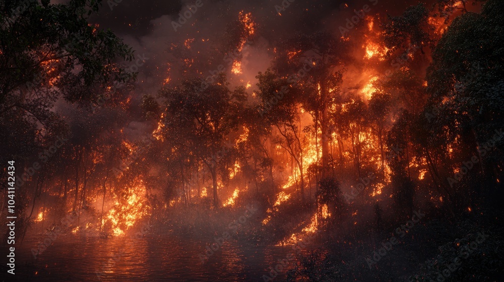 A fire burns through the trees near the water's edge, with flames and smoke filling the air A fire burns through the trees near the water's edge, with flames and smoke filling the air