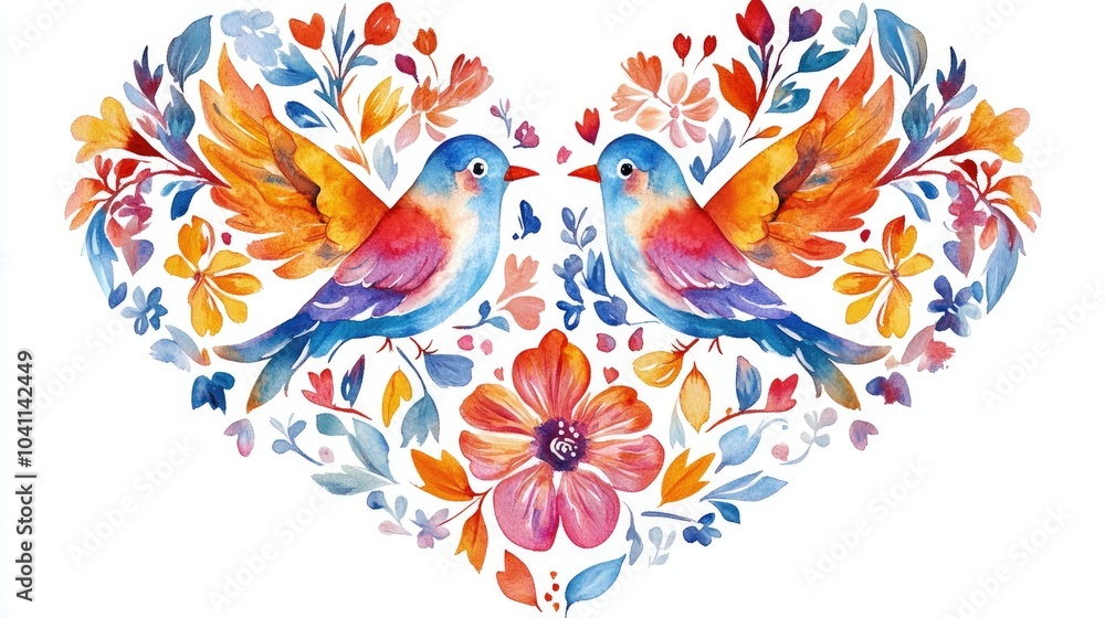 Heart adorned with ethnic floral motifs and two decorative birds in national colors Ornamental folk art design in a traditional style Watercolor suitable for wedding and love themed projects Heart adorned with ethnic floral motifs and two decorative birds in national colors Ornamental folk art design in a traditional style Watercolor suitable for wedding and love themed projects