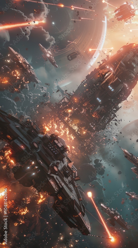 Robots fight with monsters in destroyed space, background explosions due to battle, realistic effects HD images Robots fight with monsters in destroyed space, background explosions due to battle, realistic effects HD images