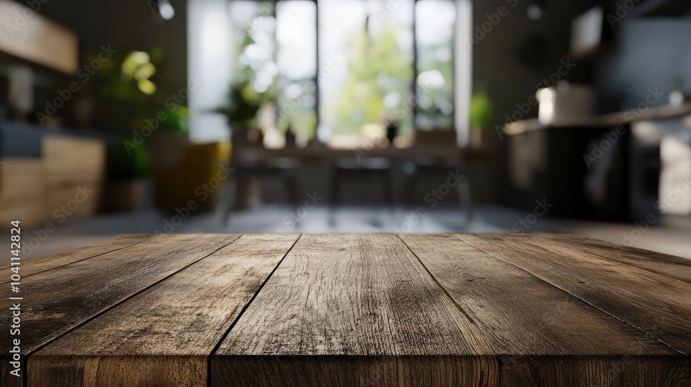 3D rendering of an empty beautiful wooden tabletop with a blurred bokeh effect showcasing a modern kitchen interior perfect for product montage 3D rendering of an empty beautiful wooden tabletop with a blurred bokeh effect showcasing a modern kitchen interior perfect for product montage