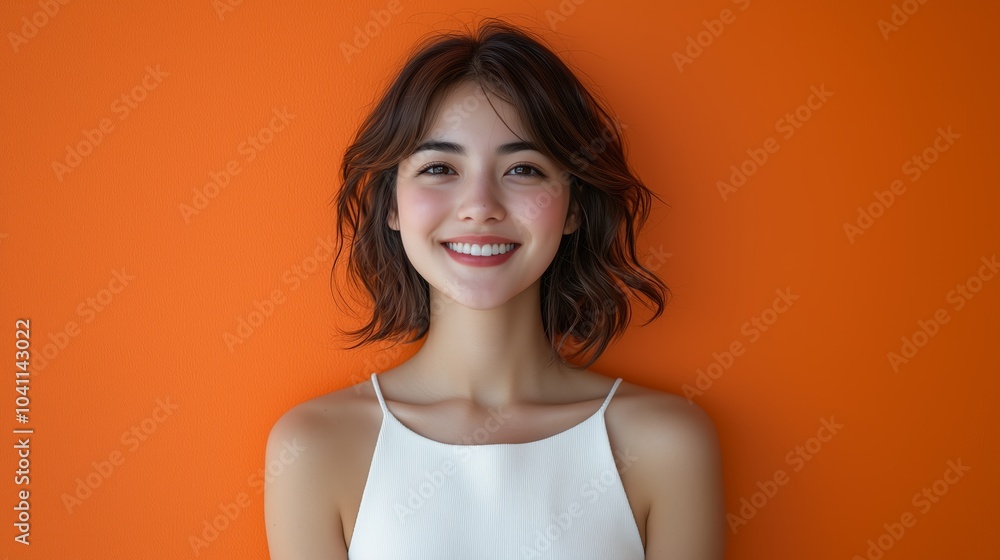 Obraz premium Young Woman Smiling Against Vibrant Orange Background