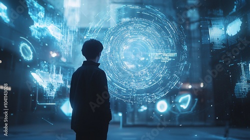 A futuristic hologram hovers before a savvy user, displaying dynamic data visuals that represent cutting-edge innovation.