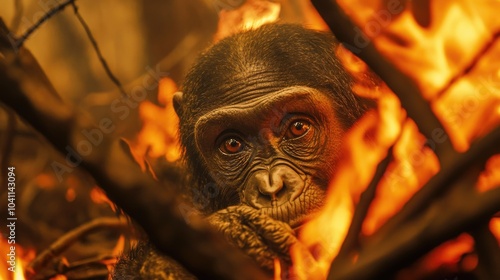 A close-up shot of a monkey with flames or sparks in the background