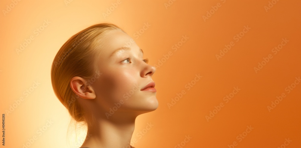 A woman with blonde hair and a pinkish orange background A woman with blonde hair and a pinkish orange background
